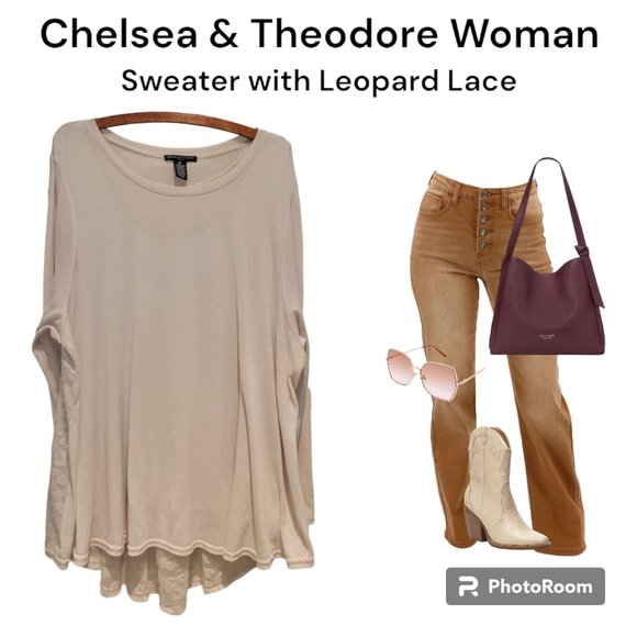 Chelsea & Theodore Sweater with Leopard Lace Hi-Low Style - Picture 1 of 9